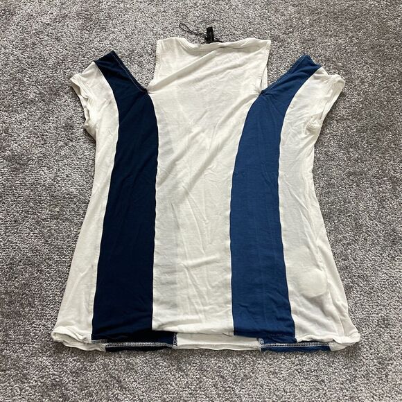 BCBGMAXAZRIA Shirt Womens XS White Blue Black STriped Cold Shoulder Deep V Neck - Picture 2 of 9